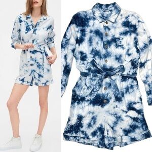 GAP Tie Dye Linen Long Sleeve Romper Tie Waist Button Up Beach Hippie Boho 6